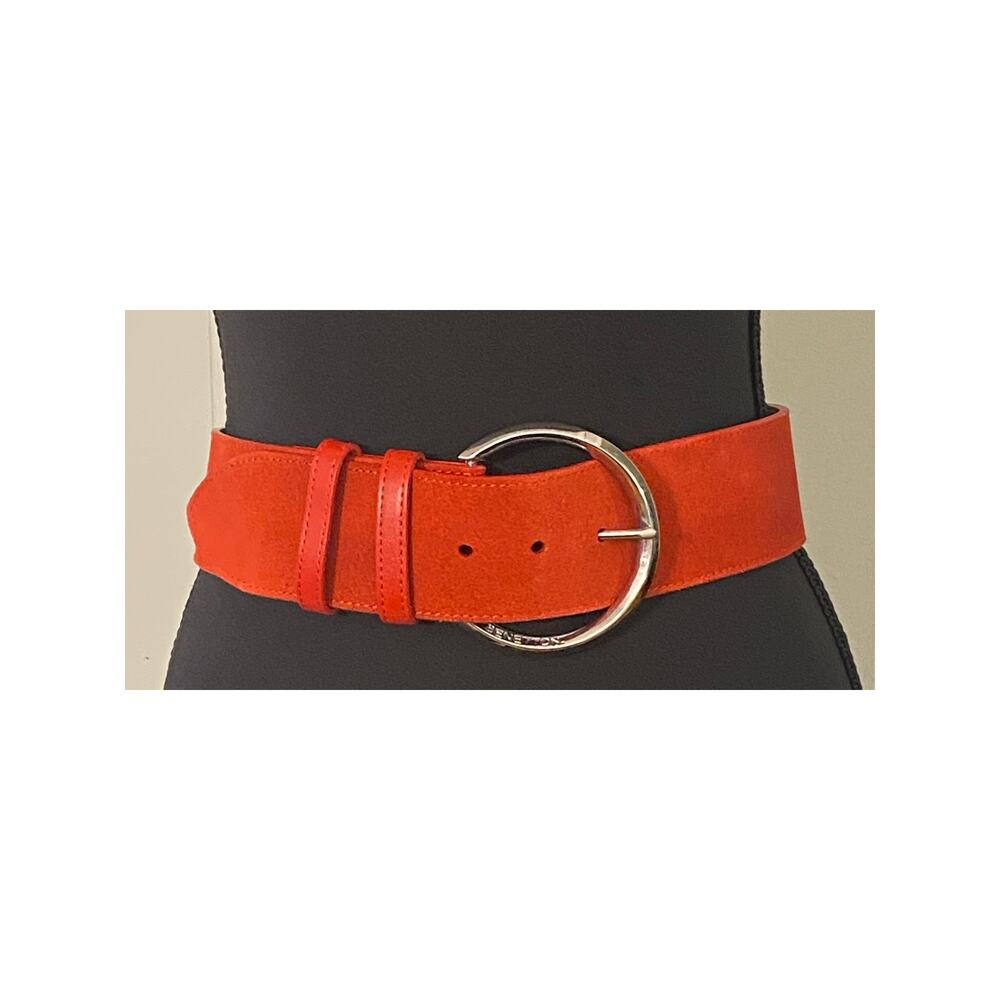 United Colors Benetton Wide Suede Leather Belt Bright Red Silver Ring Buckle XS